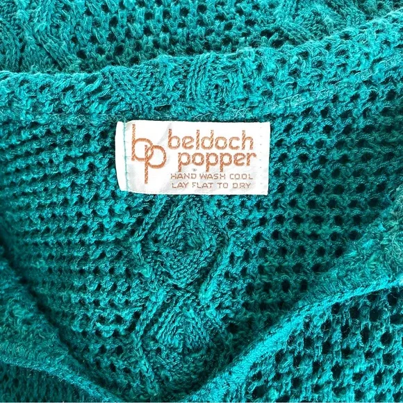 Vintage Teal Cotton Crochet Knit Tie-Neck Quarter Sleeve Sweater Boho Beach - Picture 13 of 13